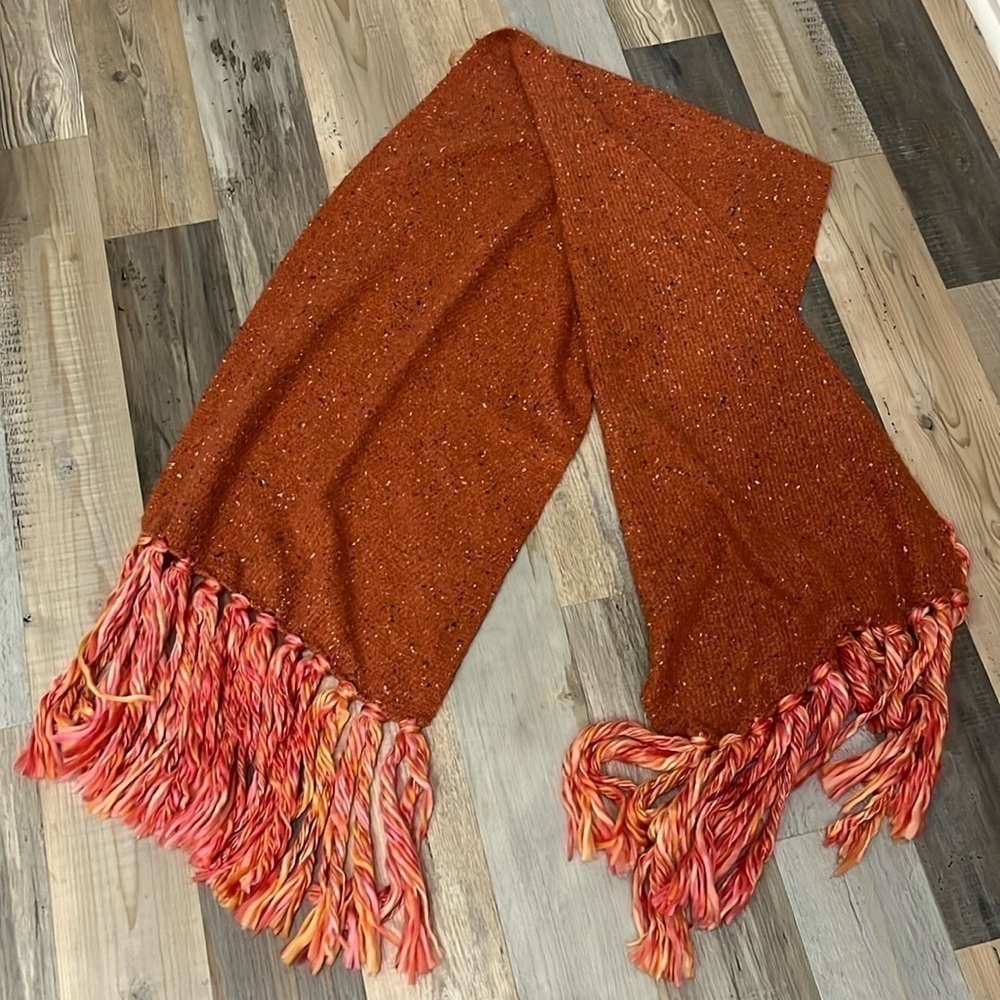 Anthropologie Oversized Scarf Bronze Orange Tweed 12” Fringed Super Soft